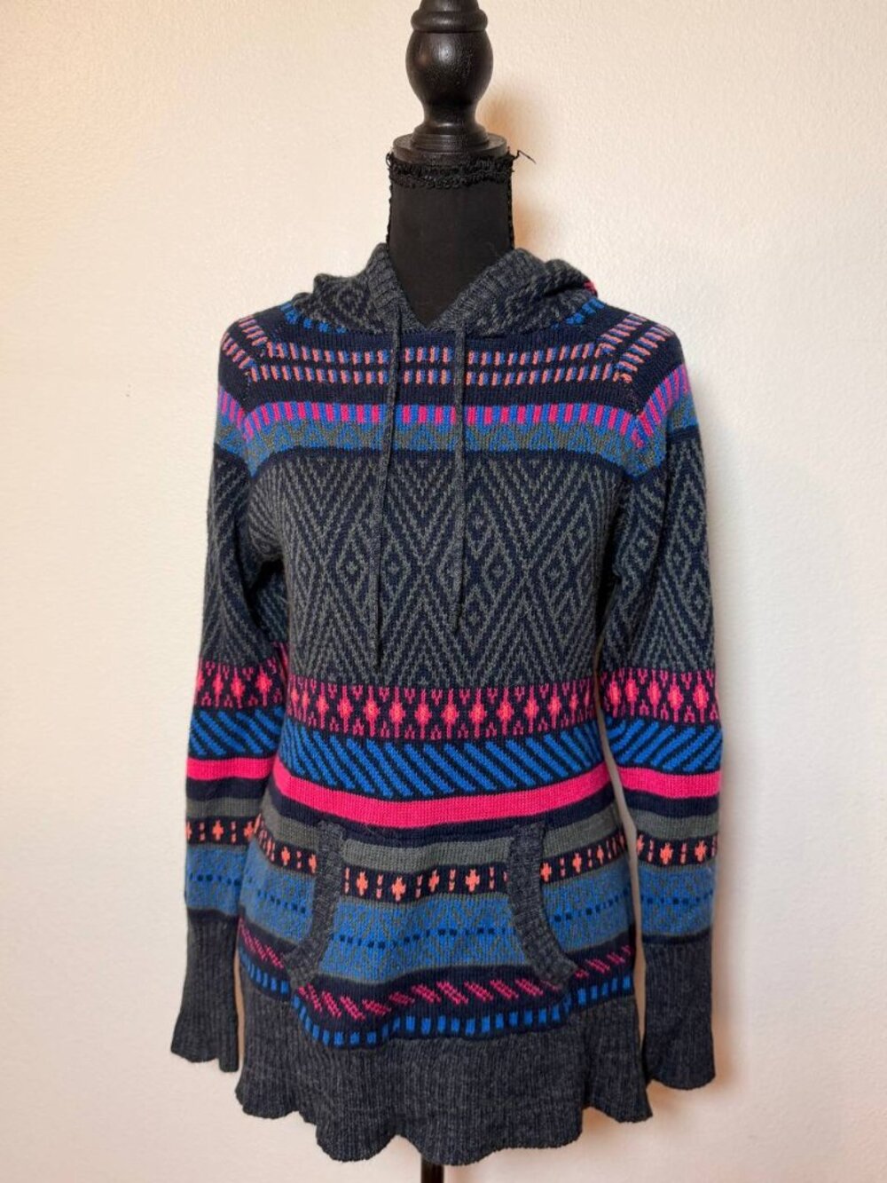 SayWhat Fair Isle Hooded Sweater Tunic Geometric Knit Hoodie Y2K Pink Blue